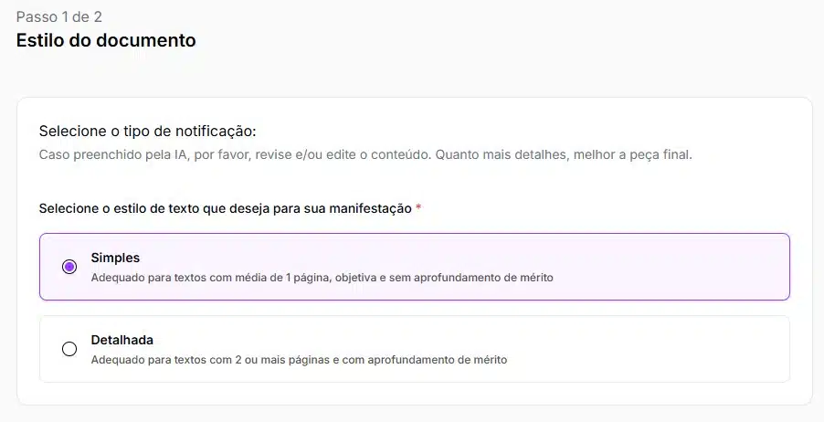 Tela para escolher estilo do modelo de notificação extrajudicial