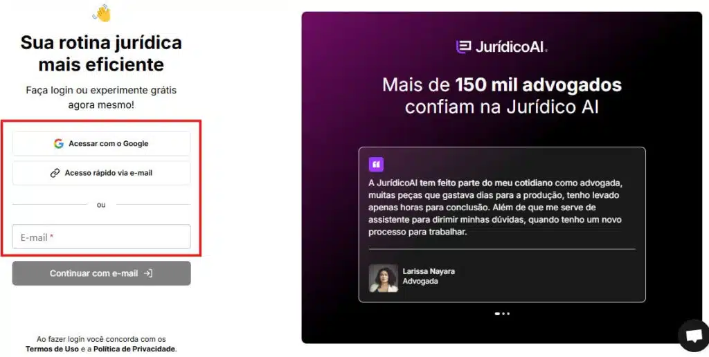 Tela de login e senha para plataforma juridico ai