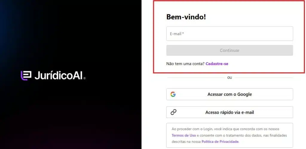 Tela de login na plataforma Jurídico AI