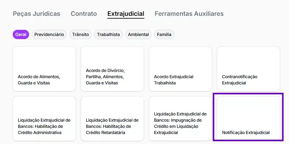 Tela para selecionar notificação extrajudicial e fazer seu modelo de notificação extrajudicial