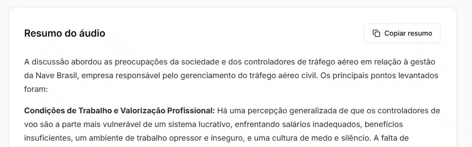 Tela com resumo do áudio