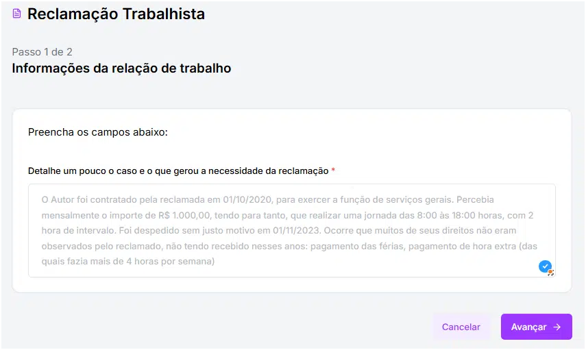 informações para gerar a reclamação trabalhista.