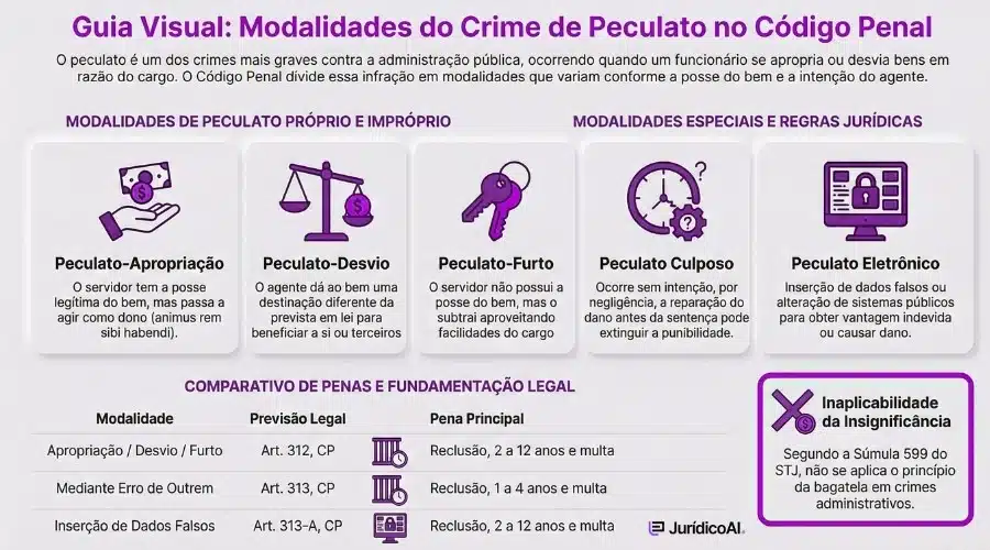 Principais modalidades de crime de peculato previstos no CP