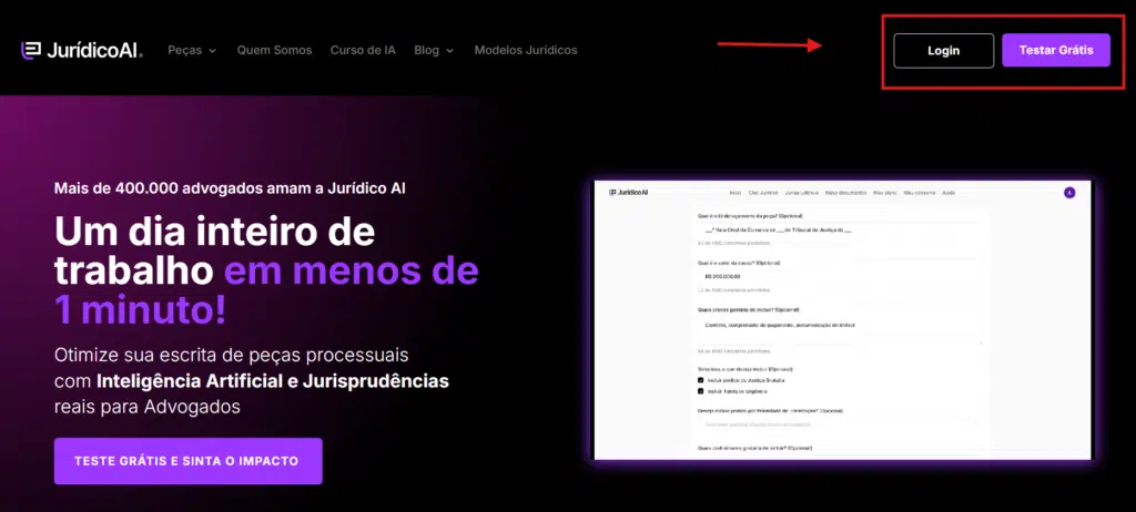 Tela da home da Jurídico AI