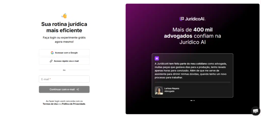 Reclamação Trabalhista na Jurídico, tela da plataforma da jurídico AI.