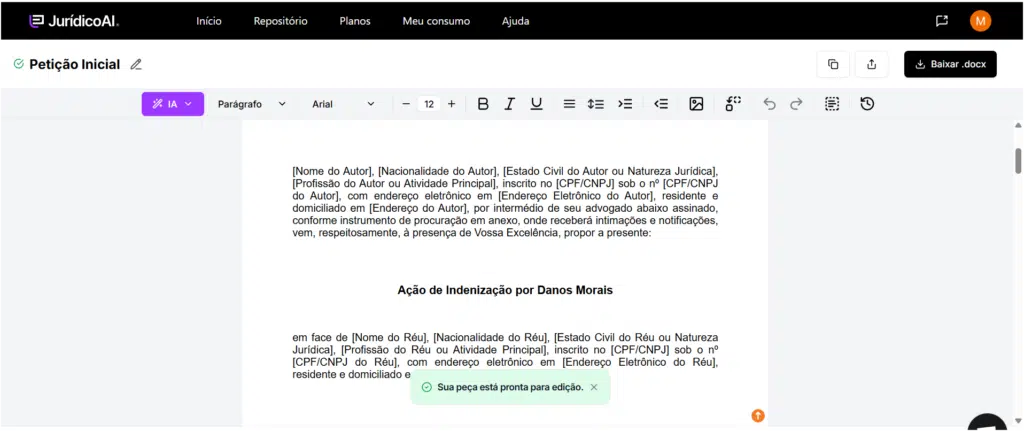 Petição Inicial em Ação Indenizatória por Danos Morais feita pela Jurídico AI.