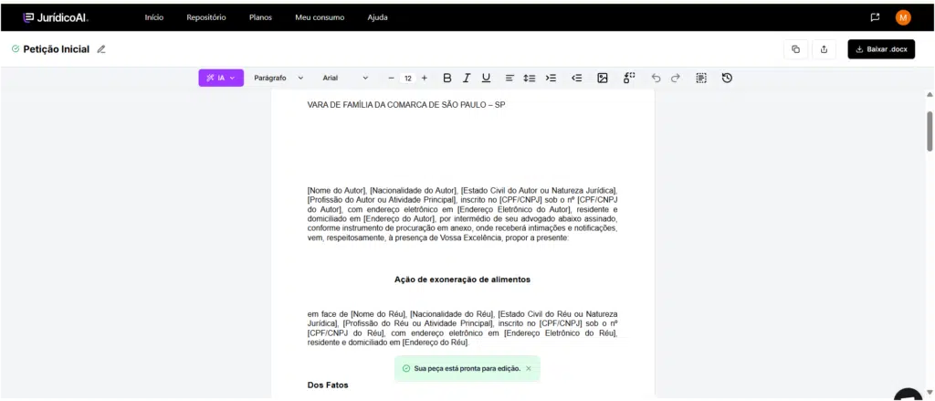 Petição Inicial de Exoneração de Alimentos, feito pela Jurídico AI. 