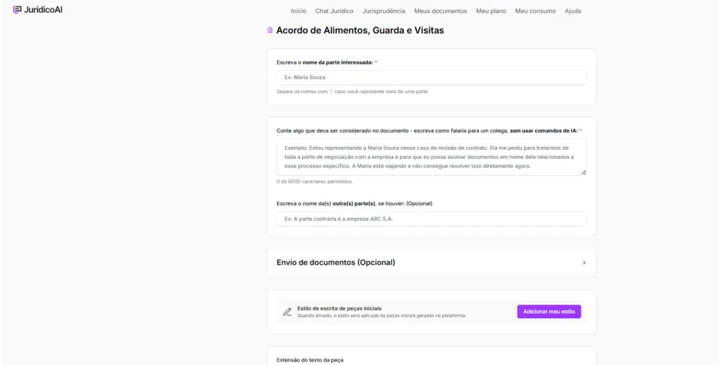 Informações para criar o modelo de Ação de Regulamentação de Visitas
